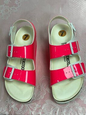 NEW-Birkenstock=Women-Milano Patent Leather-Neon Pink/White Color Sandals.Sz-7.